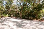 View into sandy site sixteen showing picnic table, lantern post and electric hookup under shady live oak and maritime hammock in Anastasia State Park.