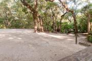 Rear view of sandy site eighteen showing edge of picnic table, fire ring and lantern post nestled amongst the shady live oak and maritime hammock in Anastasia State Park.