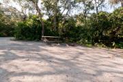 Picnic table and fire ring nestled under the shady maritime hammock on site 24âs sandy pad in Anastasia State Park.