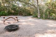Picnic table and fire ring nestled under the shady maritime hammock on site 25âs sandy pad in Anastasia State Park.