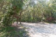 Side view of sandy site 94 showing electric and water hookups with live oak trees nestled under shady maritime hammock in Anastasia  State Park.
