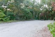 Side view of sandy site 95 showing picnic table and lantern post with live oak trees nestled under shady maritime hammock in Anastasia  State Park.