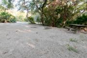 Rear view of sandy site 97 showing picnic table and fire ring nestled under the shady live oak trees and maritime hammock in Anastasia State Park.