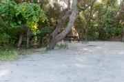 Side view of sandy site 97 showing picnic table and fire ring with live oak trees nestled under shady maritime hammock in Anastasia  State Park.