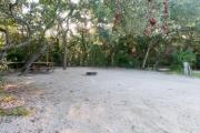 Frontal view of sandy site 98 showing picnic table, fire ring and electric and water hookups with live oak trees nestled under shady maritime hammock in