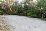 Frontal view of sandy site 101 showing picnic table and electric and water hookups with live oak trees nestled under shady maritime hammock in Anastasia State Park