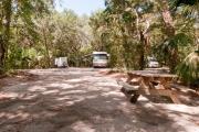 Rear view of sandy site 112 showing picnic table nestled under the shady live oak trees and maritime hammock in Anastasia State Park.