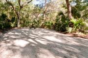 Frontal view of sandy site 114 showing picnic table and electric and water hookups with live oak trees nestled under shady maritime hammock in Anastasia State Park.
