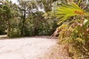 Frontal view of sandy site 128 with live oak trees nestled under shady maritime hammock in Anastasia State Park.