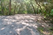 Frontal view of sandy site 129 showing picnic table and electric hookup with live oak trees nestled under shady maritime hammock in Anastasia State Park.
