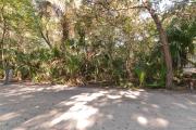 Side view of sandy site 137 showing electric and water hookups with live oak trees nestled under shady maritime hammock in Anastasia State Park.