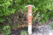 Photo: Buttonwood: Site number post with white numbers and arrows on a brown background, bushes in background.