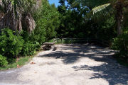 Photo: Buttonwood: Partially shaded gravel campsite with picnic table and grill, bordered by a wood fence and surrounded by bushes and palms.