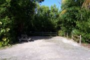 Photo: Buttonwood: Partially shaded gravel campsite with picnic table and grill, bordered by a wood fence and surrounded by bushes and palms.