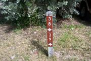 Photo: Buttonwood: Site number post with white numbers and arrows on a brown background, bushes in background