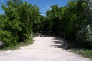 Photo: Buttonwood: Partially shaded gravel campsite with picnic table and grill, bordered by a wood fence and surrounded by bushes.