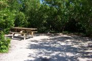 Photo: 076, BAYSIDE: Small, partially shaded, gravel campsite with picnic table surrounded by trees.