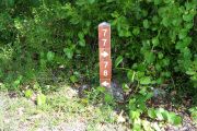 Photo: 077, BAYSIDE: Site number post with white numbers and arrows on a brown background, bushes in background.