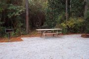 View of a picnic table and grills in partial shade.
