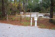 Picnic table in site with grills and view of forest.