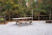 View of a picnic table and fire ring in partial shade.