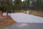A view of the campsite with a shell/sand base and partial shade.