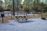 View of a picnic table and fire ring in partial shade.