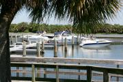 Dozens of boats are anchored in Caladesi Islandâs marina as a black-and-white cruiser enters the marina in the foreground and a wave runner leaves.