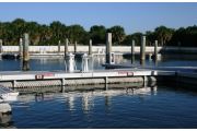 The photograph shows a view of boat slips in the Caladesi Island marina. An aluminum floating dock features power and water pedestals, with an aluminum seawall and green palm trees in the background. Concrete pilings support the docks.  Finger docks protrude out from each side of the main dock at intervals of every two boat slips.