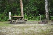 This view is of the brown metal ground grill, wooden picnic table, gray electrical box and PVC water spigot supported by a wooden post. Cabbage Palms and Royal Palms shade this site. Soil is tan with sparse green grass.