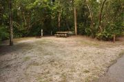 The wooden site marker is to the right. This site has sparse green grass and tan sandy soil. Itâs shaded and surrounded by green vegetation. The brown metal ground grill, gray electrical box, water spigot and a wooden picnic table are near the back, center to right.