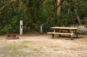 This view is of the brown metal ground grill, wooden picnic table, gray electrical box and PVC water spigot supported by a wooden post. Cabbage Palms and Royal Palms shade this site. Soil is tan with sparse green grass.