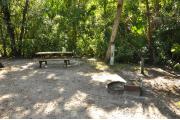 This is a view of the wooden picnic table, gray electrical box, brown ground grill and the water spigot. The soil is sandy with sparse green grass. Green palms surround the site.