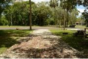 This is a view of a wooden picnic table, brown ground grill and gray electrical box. The water spigot is not visible and is left of the electrical box behind the oak tree. The soil is sandy with sparse green grass. Palms and Oak trees give this site partial shade.
