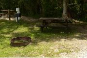 The view from this site shows two large Oak trees, a paved road front to the open campground, an information kiosk and shuffle board score board. Active camp sites are in the background. Cabbage palms are at a distance.