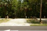 This site is an open sunny site that has limited shade. The site marker is to the left. A brown ground grill, gray electrical box, water spigot and picnic table are to the back of the site. Palms and green wooded vegetation are also at the back of the site.