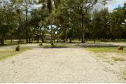 This view shows the wooden picnic table to the left. The brown ground grill, water spigot and gray electrical box are to the right. The soil is gray to tan color. Green palms are in the background.