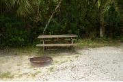 This view shows a wooded camping loop shaded by trees. Picnic tables are scattered. The driveway is gray pebbles lined with green grass. A restroom facility is in the distance. Site marker, electrical pole and guide wires to the left. Power line is overhead.
