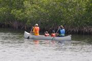 Photo: JOHN PENNEKAMP CORAL REEF SP. Wearing colorful life jackets, two adults paddling with two youths riding in middle of canoe on canoe trail waters with green foliage of mangrove trees (with prop roots in the water) along the trail in background