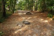 Campsite with picnic table and ground grill.