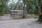 This view shows campground drive and the proximity of the bathrooms to the site.