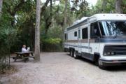 This view shows a large RV in the site and a woman picnicking with her dog on the site.