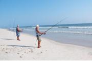 Beautiful blue skies and golden sand complement the beach and the waves while fishermen try their luck.