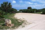 Packed sand campsite with low palmetto plants and sea oats along back. Ocean waves are visible in the background. Picnic table and grill on left side. Beach overlook on the left side. Electric and water on right side.
