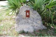 Large rock with metal sign with campsite number 6 on it located to the right of the site. Vegetation in the background.