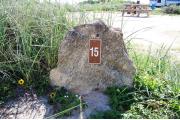Large rock with metal sign with campsite number 15 on it located to the left. Vegetation behind rock.
