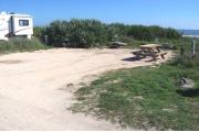 Packed sand campsite with low palmetto plants and sea oats along the back.  The ocean is visible. Low vegetation borders the left side. Picnic table is on the right of the site and ground grill is located at the back of site.