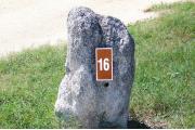 Large rock with metal sign with campsite number 16 on it located to the right of the site. Ground cover around rock.