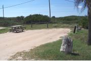 Packed sand campsite with no privacy vegetation between sites. Picnic table and ground grill located on the left. Barricade posts in back of site. Palmetto plants provide a thick buffer to the back. Electric and water hookups located to the right.  Palm tree between Site #14 and Site #16.