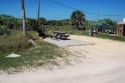 Packed sand campsite with large palmetto plants with palm tree on left. Low vegetation between sites. Handicap-accessible picnic table on concrete pad and accessible ground grill off to the left of the campsite. Electric and water hookups to the right. Palmetto plants provide a buffer to the back.